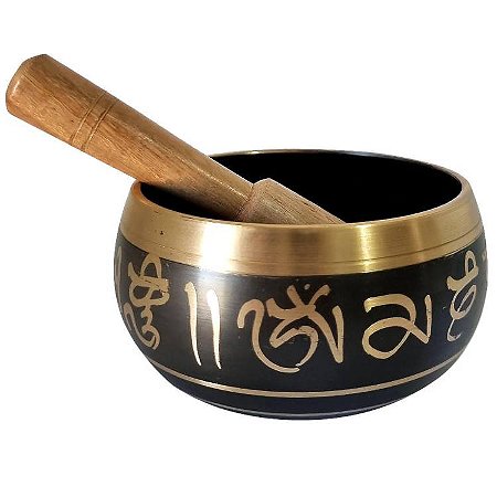 Tigela Tibetana 7 Metais com Mantras e Buda 10cm - Preta
