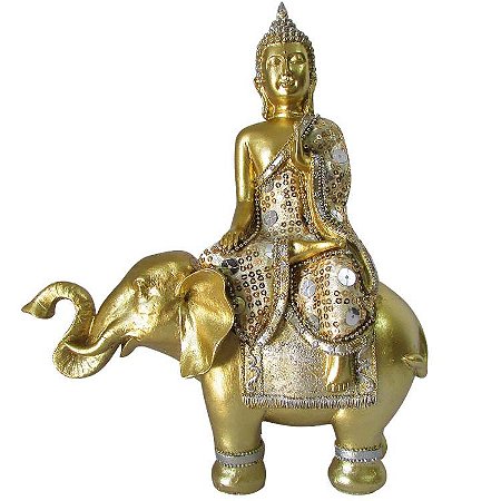 Estátua Buda Tibetano com Elefante Dourado 27cm