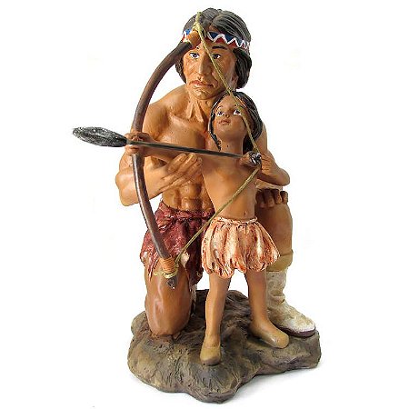 Índio Pai Ensinando seu Filho 24cm - Estátua Premium