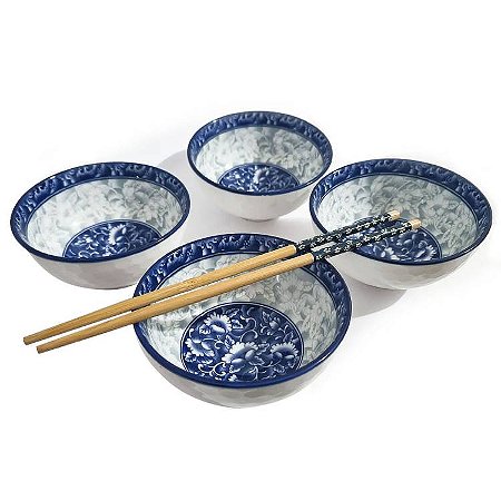 Kit 4 Tigelas de Porcelana com Hashi de Madeira