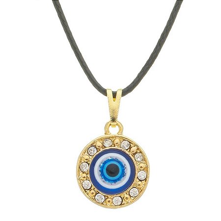 Colar Gargantilha Olho Grego com Círculo de Strass 13mm (Cordão Fino) - Dourado