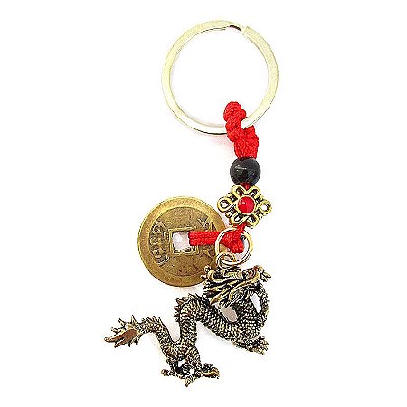Chaveiro Dragão Chinês com Moedas da Sorte 10cm