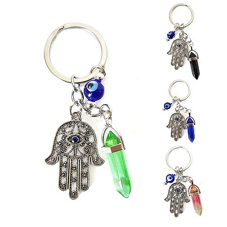 Chaveiro Mão Hamsa com Cristal e Olho Grego 9cm - Cores Sortidas