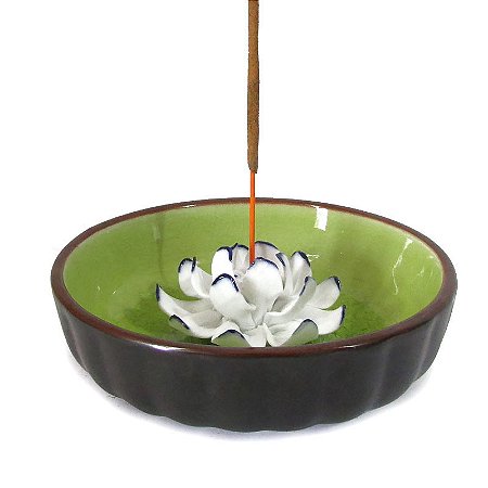 Incensário Redondo Flor de Lótus em Cerâmica 10,5cm - Verde