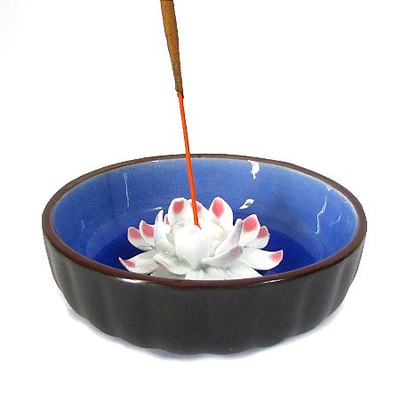 Incensário Redondo Flor de Lótus em Cerâmica 10,5cm - Azul