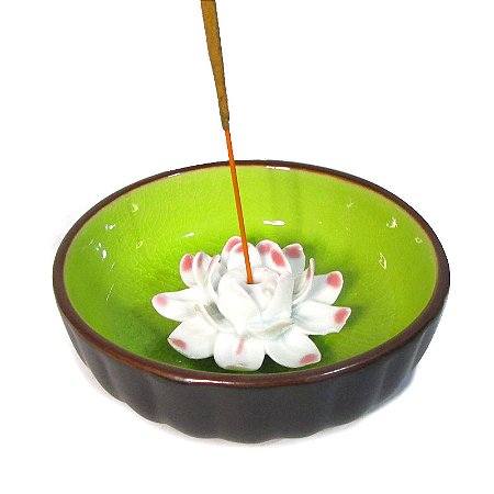 Incensário Redondo Flor de Lótus em Cerâmica 10,5cm - Verde Claro