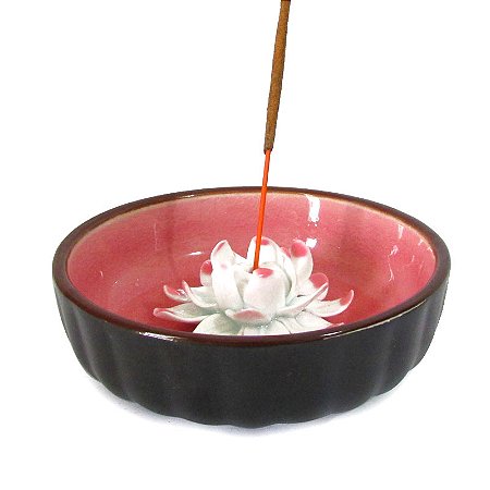 Incensário Redondo Flor de Lótus em Cerâmica 10,5cm - Rosa
