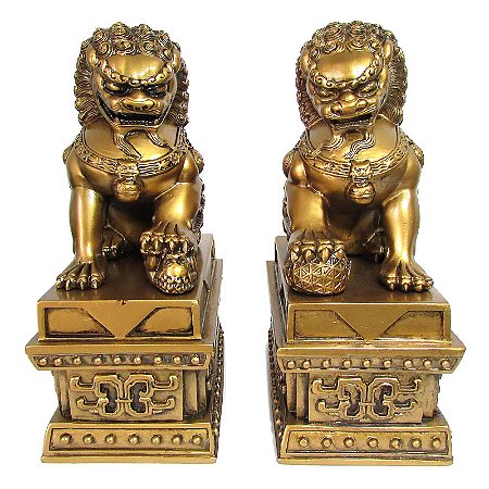 Leões Chineses Guardiões do Templo Bronze 19,5cm - Um Par de Shishi Leão