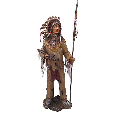 Índio Cacique Norte Americano com Lança e Cachimbo 97cm - Estátua de Luxo Premium