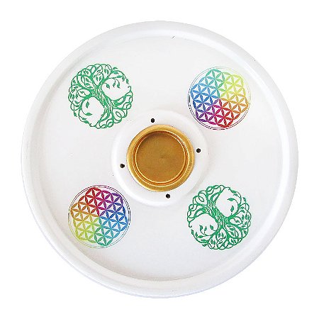 Incensário Redondo 4 Furos Branco 14,5cm - Árvore da Vida e Flor da Vida