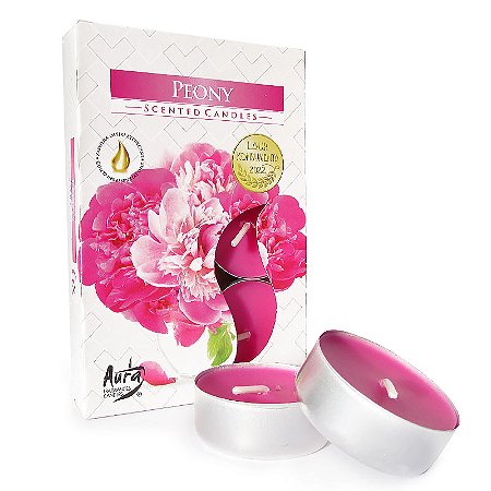 Velas Tealights Perfumadas Caixa com 6 Unidades Aura - Peônia: Sorte e Compaixão