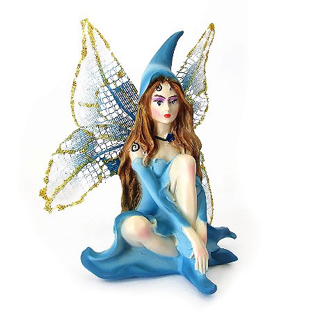 Estátua Fada Sentada com Chapéu 11cm - Azul Claro