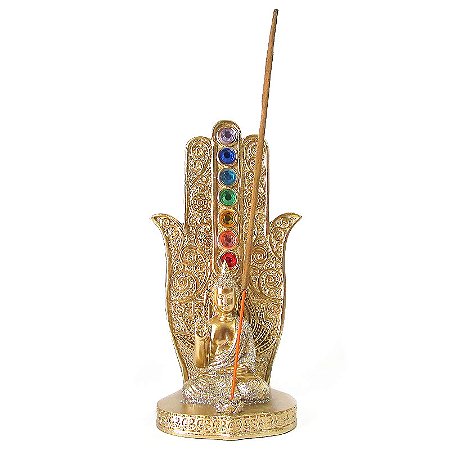 Incensário Mão Hamsa Dourado com Buda e 7 Chakras 15cm