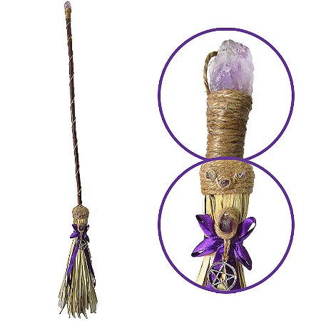 Vassoura de Bruxa Decorada com Pedras Ametista 90cm - Energias Positivas, Força e Vigor