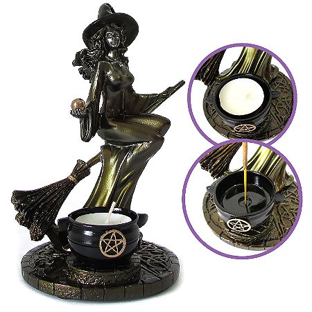 Incensário Porta Vela Bruxa com Caldeirão Bronze 19cm