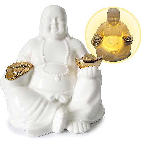 Buda da Riqueza em Porcelana Iluminado 13cm
