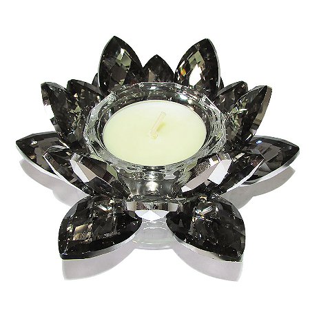 Porta Vela Flor de Lótus Cristal Brilhante Preta T40 11cm