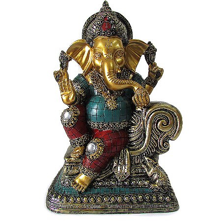 Deus Ganesha Removedor de Obstáculos Dourado no Trono 22cm