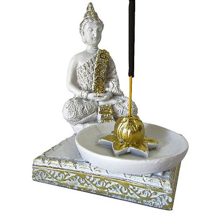 Incensário Buda Tibetano Branco com Strass 10cm: Paz e Meditação