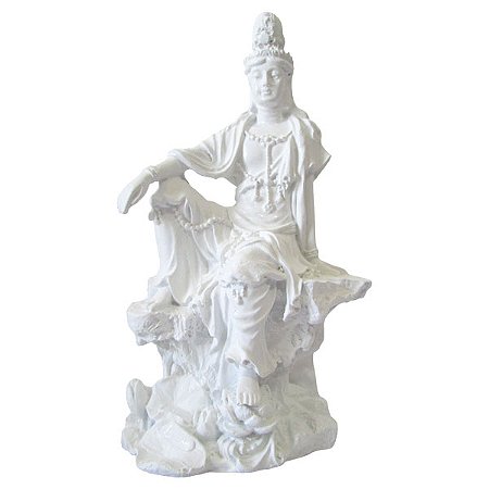 Deusa Kuan Yin Branca Sentada 16cm - Proteção Espiritual e Energia de Compaixão