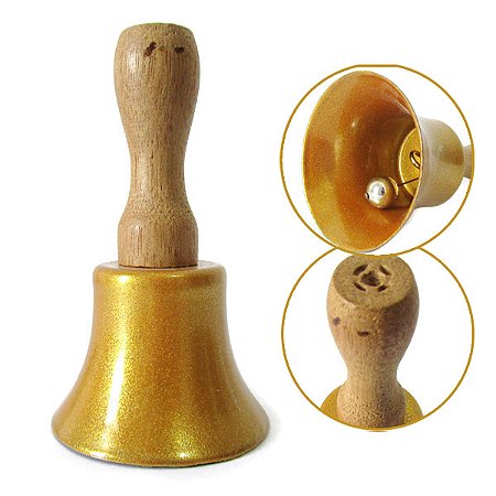 Sino de Mão Dourado em Alumínio com Cabo de Madeira 10cm - Conexão e Rituais Sagrados