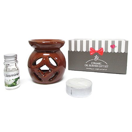Kit Presente Rechaud de Cerâmica Marrom com Essência de Jasmim 5ml e Vela Tealight