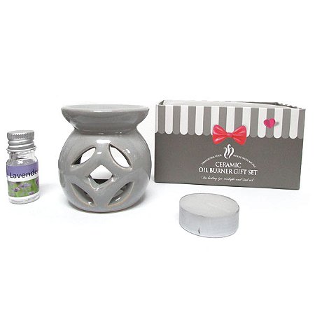 Kit Presente Rechaud de Cerâmica Cinza com Essência de Lavanda 5ml e Vela Tealight