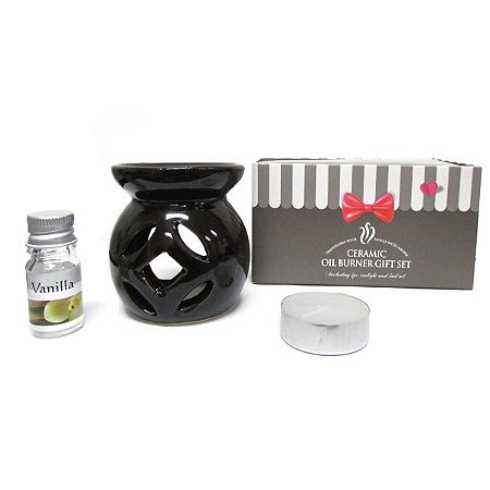 Kit Presente Rechaud de Cerâmica Preto com Essência de Baunilha 5ml e Vela Tealight