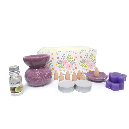 Kit Presente Rechaud de Cerâmica Lilás com Essência de Baunilha 5ml, Sabonete e Incensário