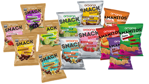 AMANA COMBO 5- DEGUSTAÇÃO 13 UNIDADES - 5 SNACKS RECHEADOS C/ AÇÚCAR DEMERARA + 4 SNACKS RECHEADOS ZERO + 4 AMANITOS