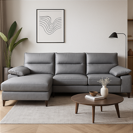 Sofá - Chaise - 3 Lugares - Linho Scott (Cinza)
