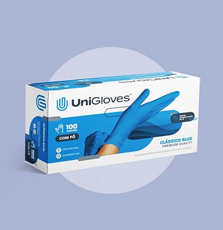 Unigloves-Luva de látex M Azul para procedimento (pouco pó) 100UN