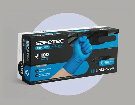 UniGloves Luva Nitrílica P Azul para Proteção Química Safetec (sem pó)