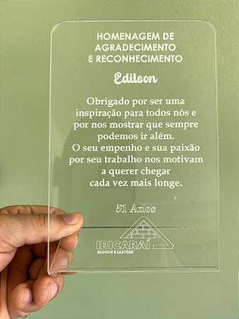 Troféu Homenagem Acrílico Transparente