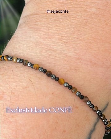 Pulseira Tripla Proteção Multifacetada 2mm - Hematita, Turmalina Negra e Olho de tigre