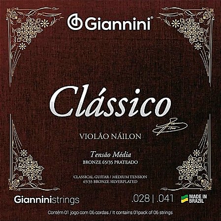 Encordoamento para violão nylon Gianinni Clássico tensão média 0.28