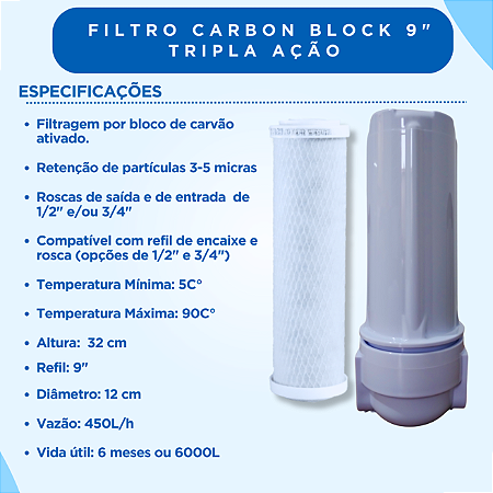 Filtro Carbon Block 9" Tripla Ação – Alta Eficiência na Purificação de Água