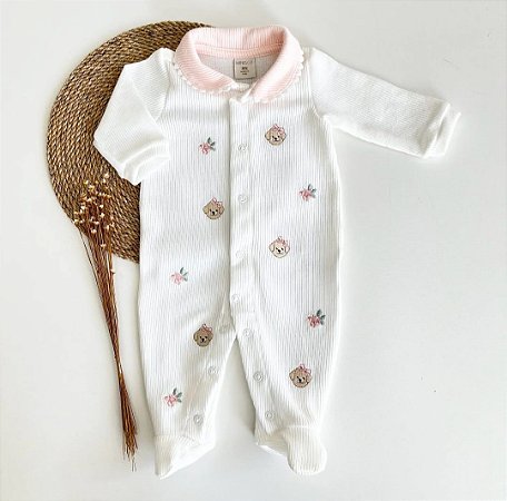 Macacão Longo tricô bordado flores e doguinhas