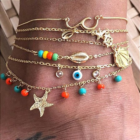 Tornozeleiras Banhadas a Ouro Buzios, Olho Grego ou Estrela do Mar