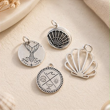 Pingente Medalha Onda, Concha, Sol Rabo de Sereia Prata 925