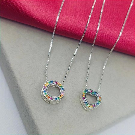 Colar Prata 925 cravados com zirconias coloridas círculo ou coração