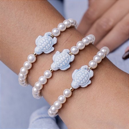 Pulseira Pérola Shell com Tartaruga Azul