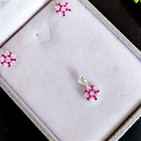 Conjunto Brinco e Pingente Flor Prata 925 e Zircônias Brancas e Rosas