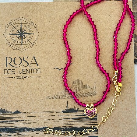 Colar Chocker Cristais Rosa com coração Cravejado zircônias coloridas