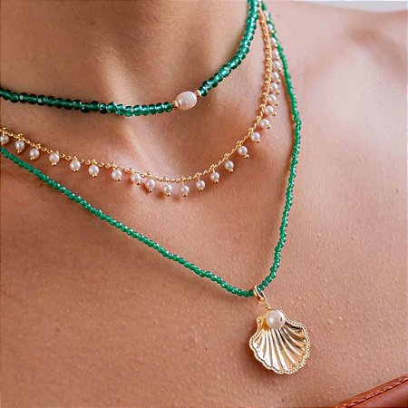 Choker Mini Cristais com Concha Lisa e Pérola