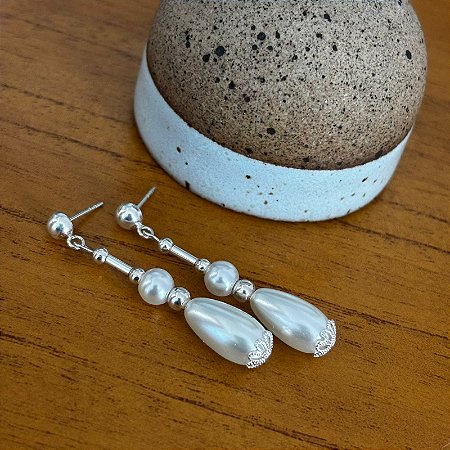 Brinco Elegante Noivas, Pérola e Prata 925.