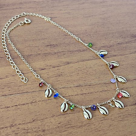 Colar Chocker Búzios Com Pedras Coloridas banho de ouro amarelo