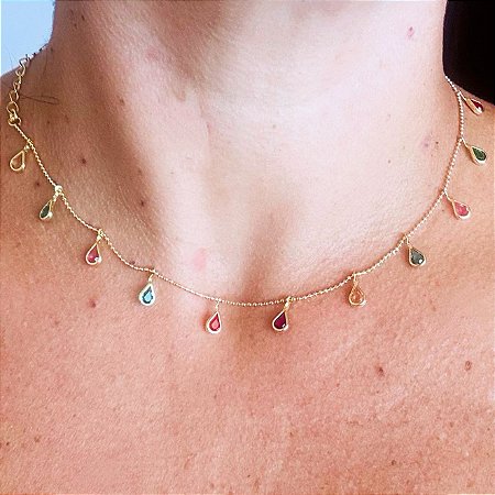 Chocker gotas coloridas banho de ouro amarelo