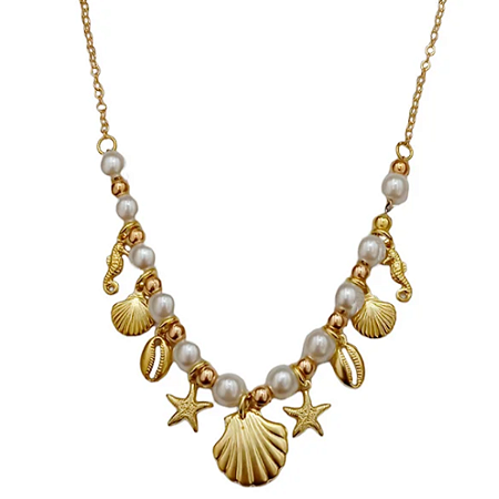 Colar chocker concha do mar e búzios com perolas banho de ouro amarelo