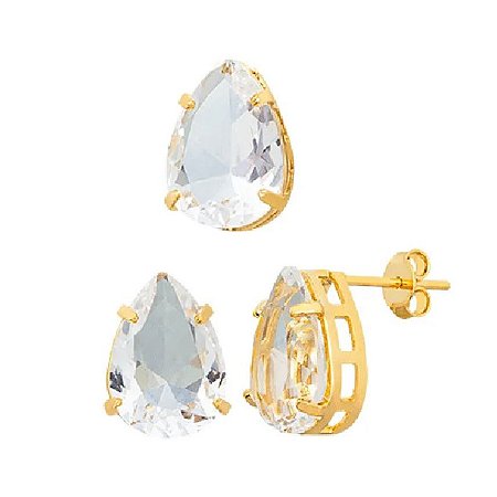 Conjunto pingente e brinco Gota zircônia branca banho ouro amarelo